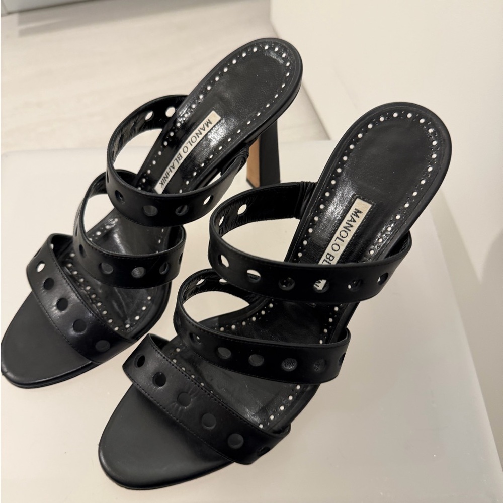 Manolo Blahnik Leather Lasercut Accents Heeled Black Sandals